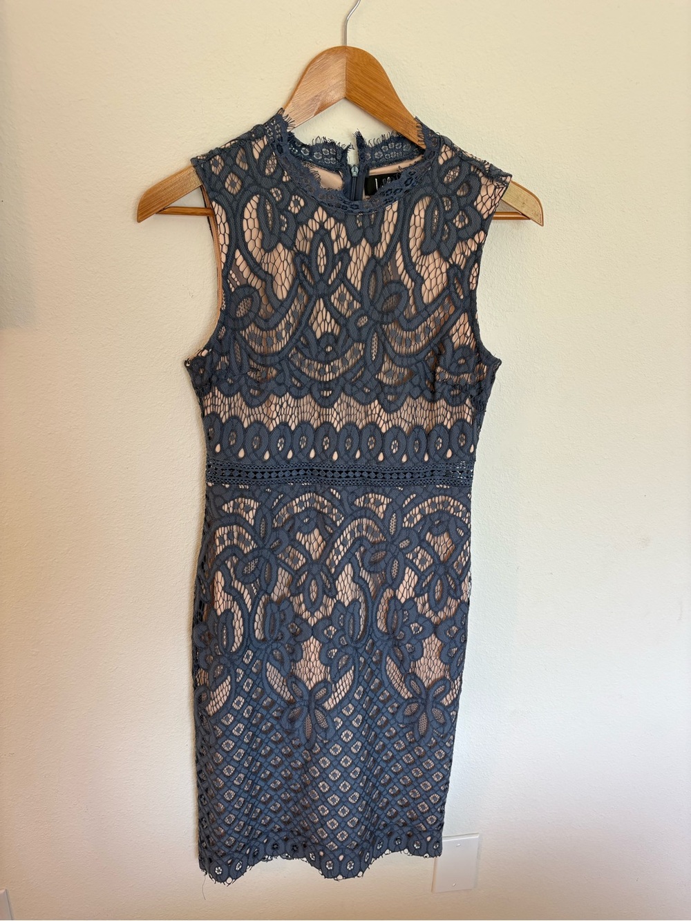 Lulu's Slate Blue Lace Midi Dress with Nude Lining